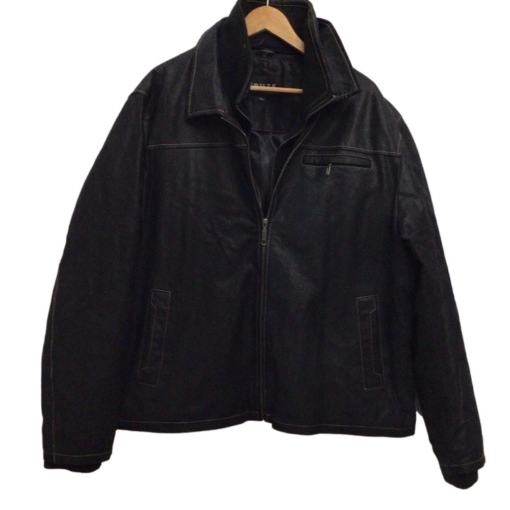 𝅺CRUZE men black genuine leather jacket mid season classic plus size 2XL
